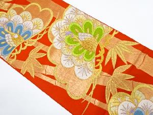 アンティーク　笠松に孔雀・竹笹模様織り出し袋帯（着用可）